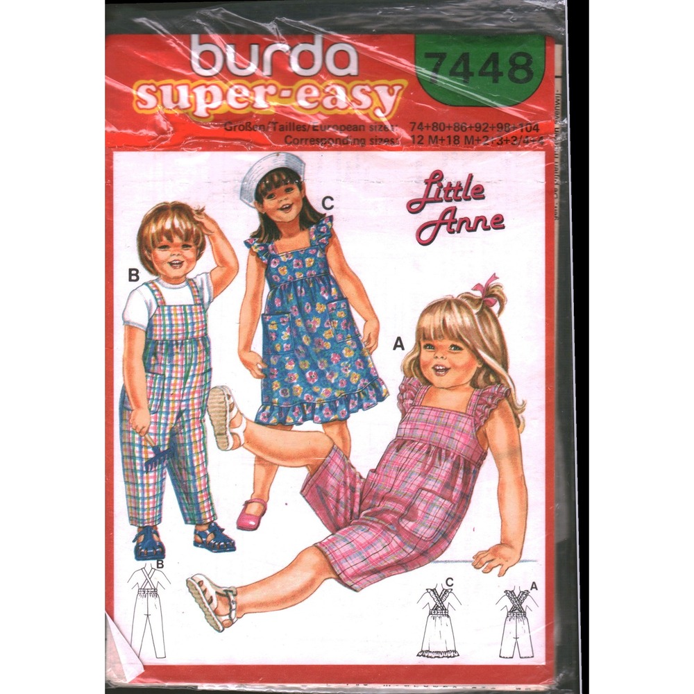 Burda 7448 Little Anne Toddler Sewing Pattern Dress Overalls Romper Size 12M-4T